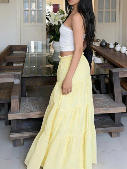 Pale Yellow Pleated Skirt, Casual Elegant Vacation Beach Retro Y2K Style White Summer