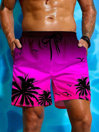 Palm Tree 3D Print Beach Shorts, Stylish And Breathable, With Drawstring Waist Swim Trunks Free Shipping