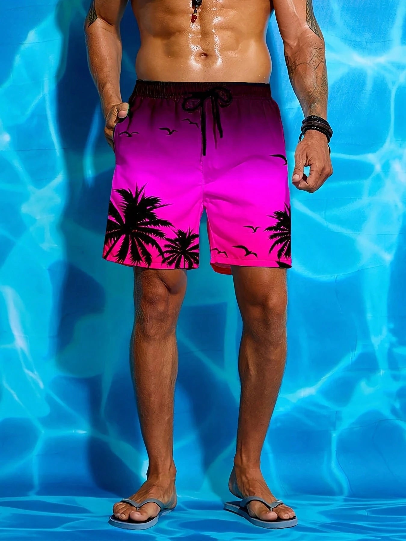 Palm Tree 3D Print Beach Shorts, Stylish And Breathable, With Drawstring Waist Swim Trunks Free Shipping