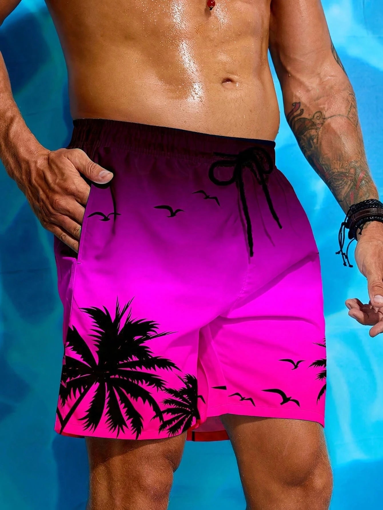 Palm Tree 3D Print Beach Shorts, Stylish And Breathable, With Drawstring Waist Swim Trunks Free Shipping