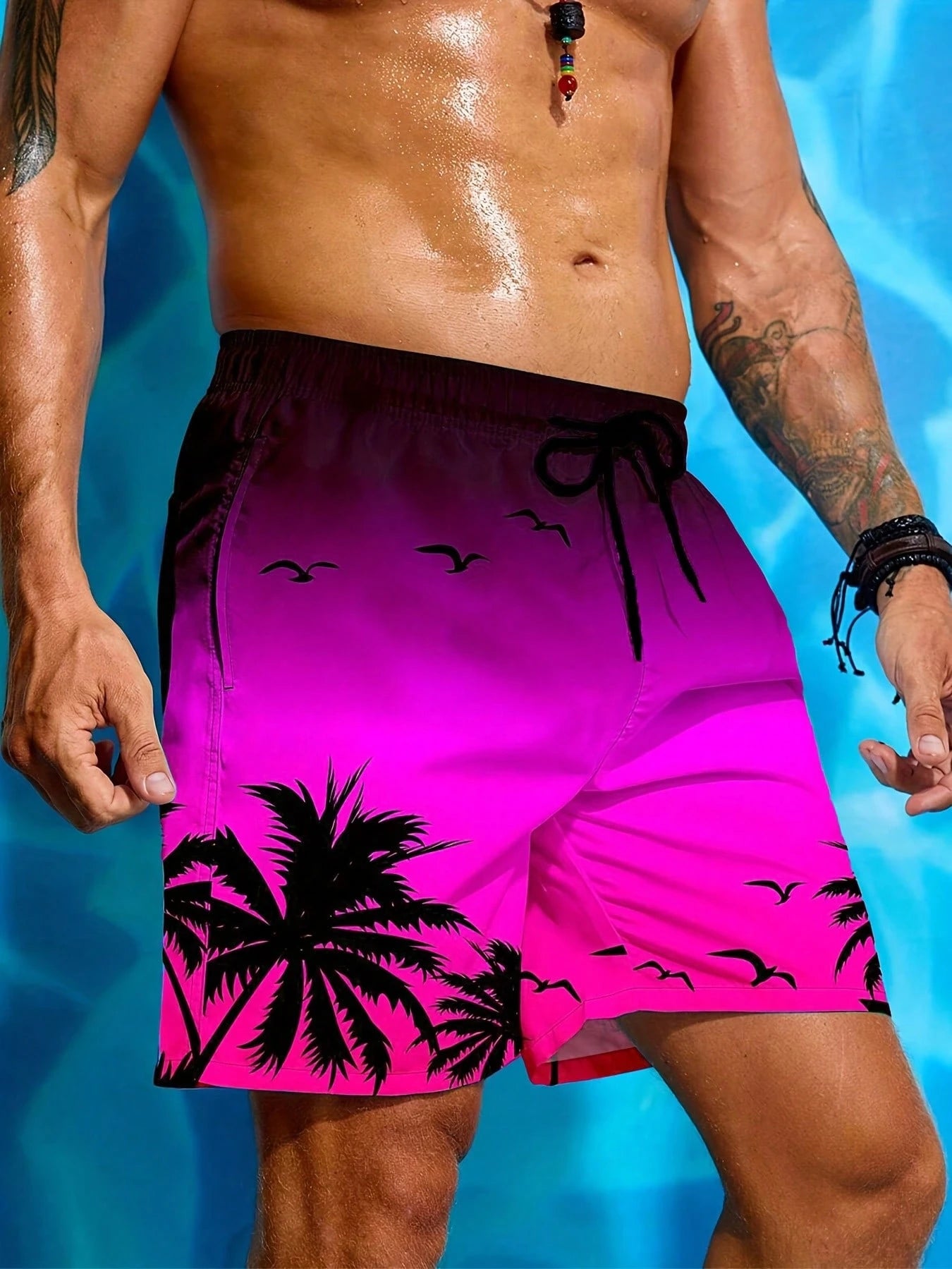 Palm Tree 3D Print Beach Shorts, Stylish And Breathable, With Drawstring Waist Swim Trunks Free Shipping