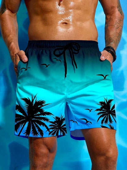 Palm Tree 3D Print Beach Shorts, Stylish And Breathable, With Drawstring Waist Swim Trunks Free Shipping