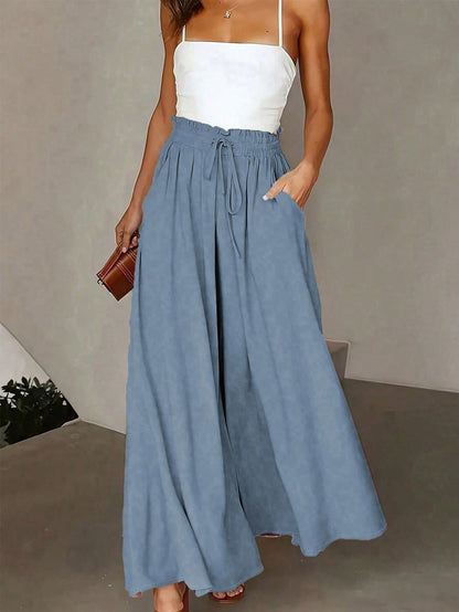 Pariaura Women's Solid-Color High Waist Tie-Waist Pocked Loose Wide Leg Casual Pants Fall Cloth For Women