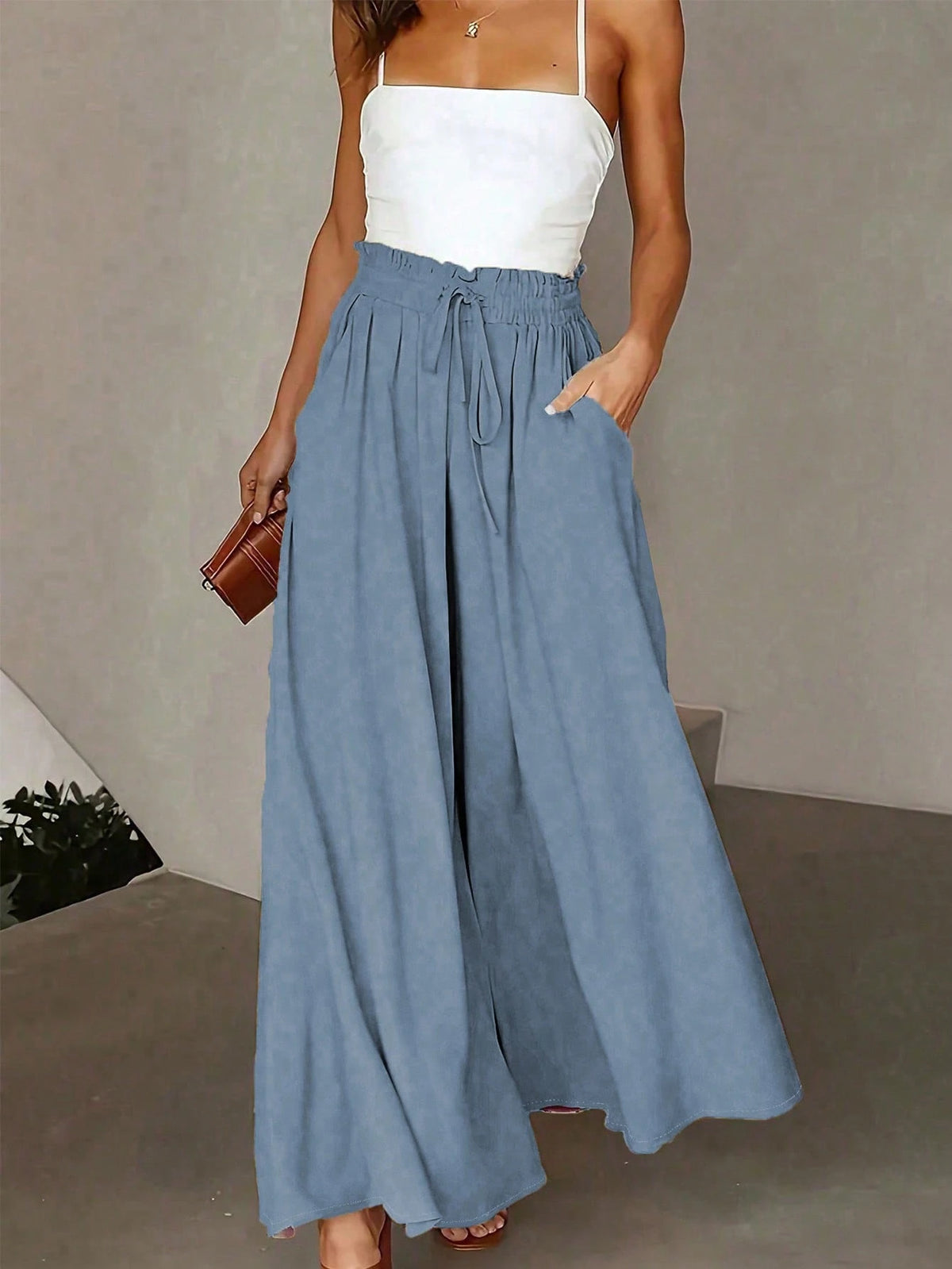 Pariaura Women's Solid-Color High Waist Tie-Waist Pocked Loose Wide Leg Casual Pants Fall Cloth For Women