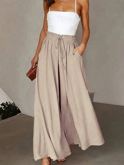Pariaura Women's Solid-Color High Waist Tie-Waist Pocked Loose Wide Leg Casual Pants Fall Cloth For Women