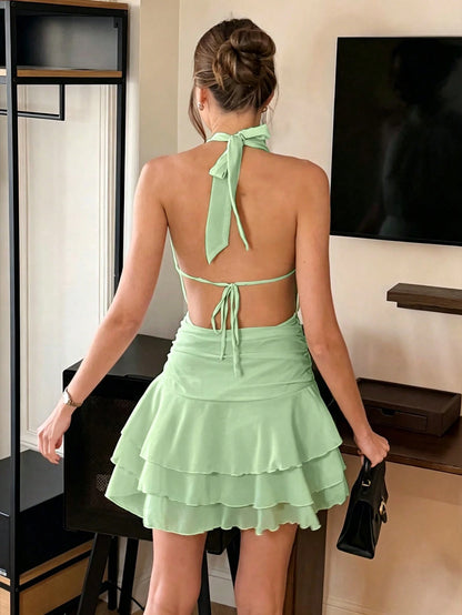 PariChic Women Elegant Light Green Summer Party Halter Neck,Fitted Waist,Multi-Layered Pleated Ruffle Short Dress,Valentine's Day Date,Vacation Chiffon Dress