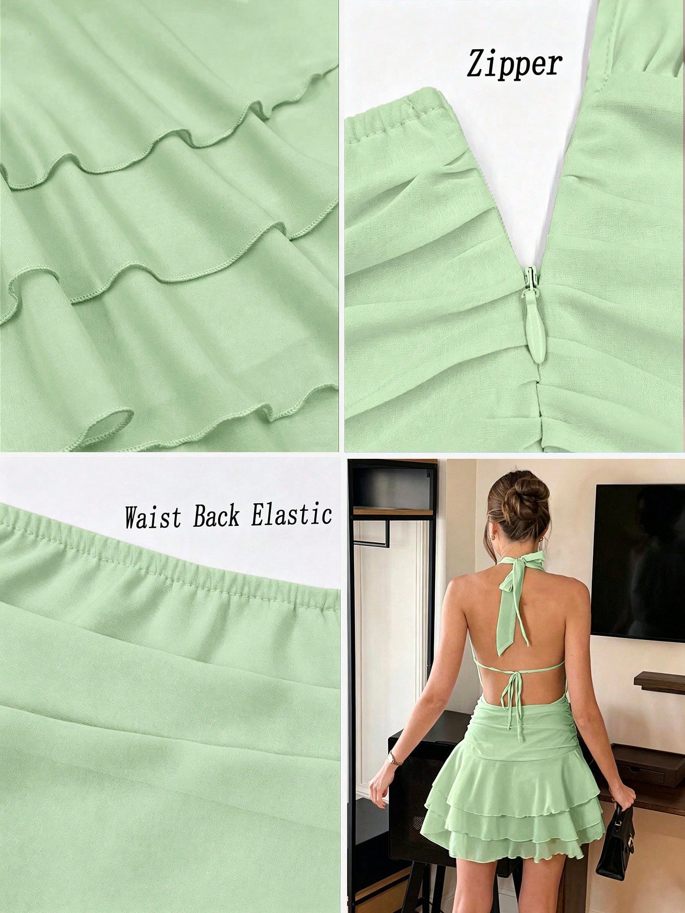 PariChic Women Elegant Light Green Summer Party Halter Neck,Fitted Waist,Multi-Layered Pleated Ruffle Short Dress,Valentine's Day Date,Vacation Chiffon Dress