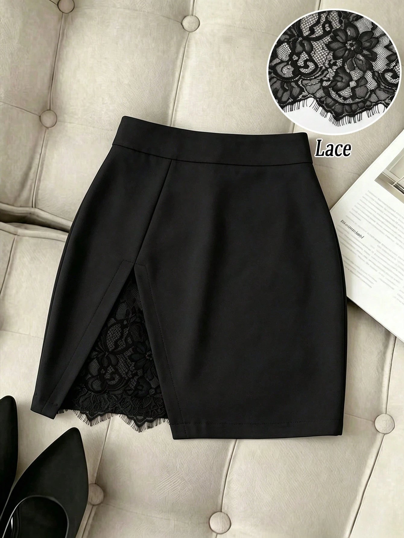 PariChic Women's Autumn/Winter New French Elegant Black Lace Patchwork Bodycon Mini Skirt, High Waist Design Optimizes Body Proportions, Side Slit With Embedded Lace Adds Detail, Bodycon Cut Hig