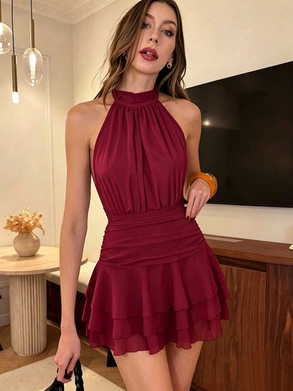 PariChic Women's Elegant Halter Neck Pleated Ruffle Short Dress,Burgundy,Summer,70s,Party Chiffon Sleeveless Fitted Waist Multi-Layered Valentine's Day Date