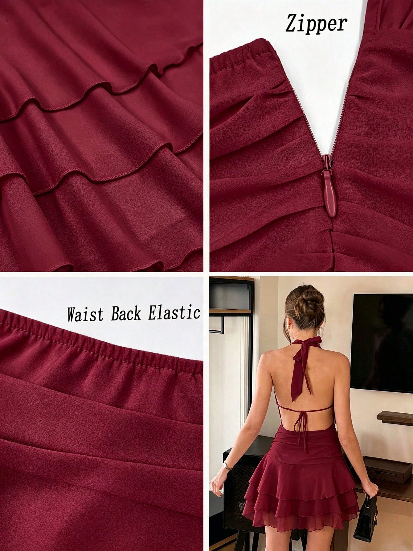 PariChic Women's Elegant Halter Neck Pleated Ruffle Short Dress,Burgundy,Summer,70s,Party Chiffon Sleeveless Fitted Waist Multi-Layered Valentine's Day Date