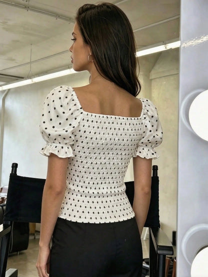 PariChic Women's White With Black Polka Dots Blouse,Off-Shoulder Short Sleeve,Elastic Ruffle Cuffs,Contrast Lace Trim,Fitted Summer Vintage Tea Party Peasant