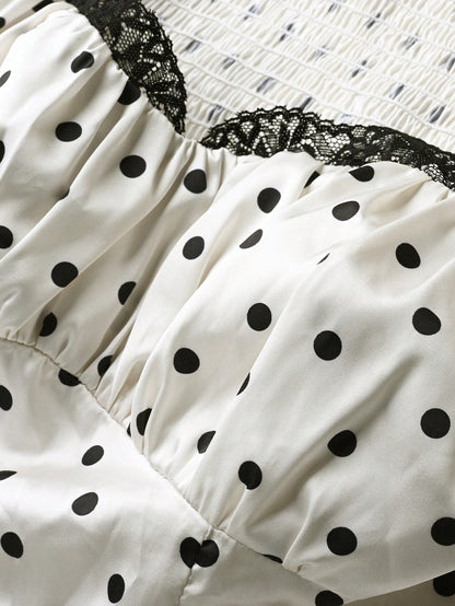 PariChic Women's White With Black Polka Dots Blouse,Off-Shoulder Short Sleeve,Elastic Ruffle Cuffs,Contrast Lace Trim,Fitted Summer Vintage Tea Party Peasant