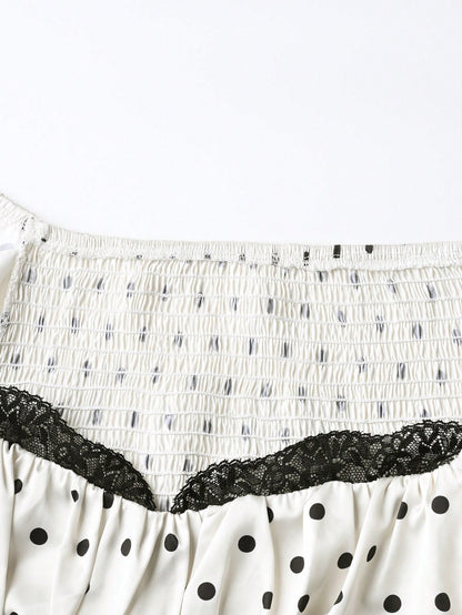 PariChic Women's White With Black Polka Dots Blouse,Off-Shoulder Short Sleeve,Elastic Ruffle Cuffs,Contrast Lace Trim,Fitted Summer Vintage Tea Party Peasant