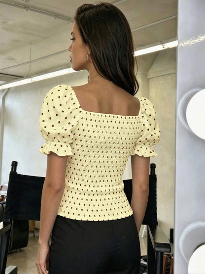 PariChic Women's White With Black Polka Dots Blouse,Off-Shoulder Short Sleeve,Elastic Ruffle Cuffs,Contrast Lace Trim,Fitted Summer Vintage Tea Party Peasant