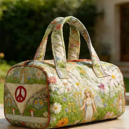 Pastoral Angel Wildflower Hippie Peace Bus 3D Printed Quilted Travel Bag, Stylish Large Duffle Handbag, Portable Weekend Carryall For Women Country
