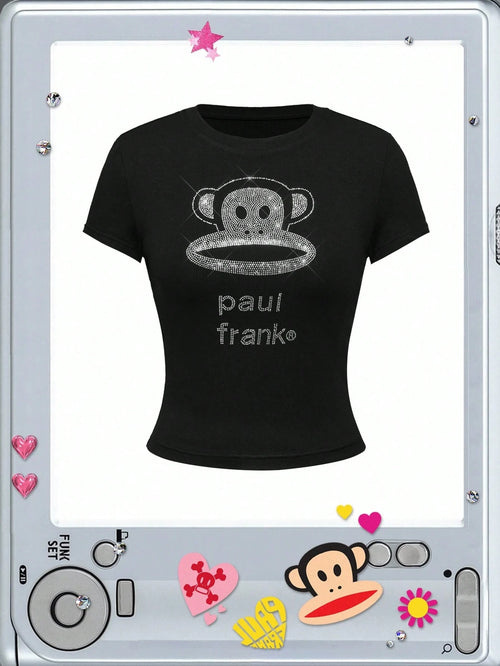 Paul Frank X ROMWE Spring/Summer Casual Black Kpop Y2K Baddie Subculture Casual Rhinestone Embellished Slim Fitted T-Shirt