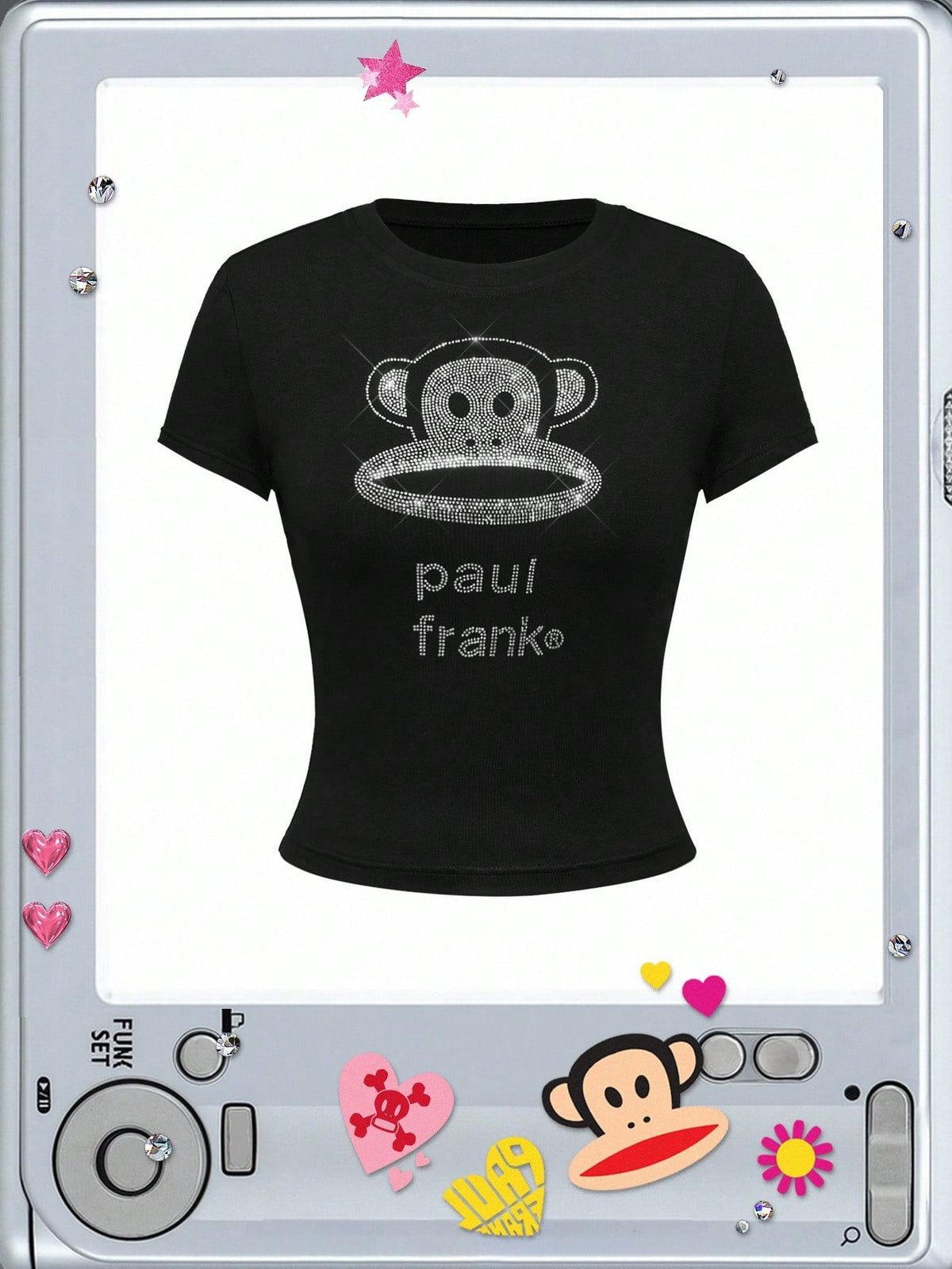 Paul Frank X ROMWE Spring/Summer Casual Black Kpop Y2K Baddie Subculture Casual Rhinestone Embellished Slim Fitted T-Shirt