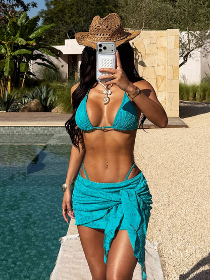 PEPPERMOLLY 2026 SS Women 3-Piece Mesh Bikini Set, Trimmed Top+Low Shorts+Wrap Skirt, Gold Chest Ring, Retro Style, For Beach & Pool. Vacation Summer