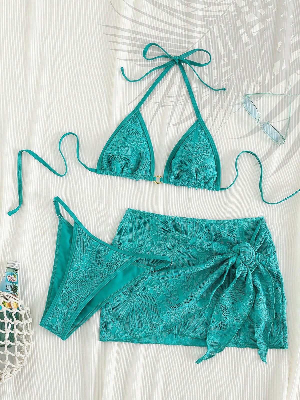 PEPPERMOLLY 2026 SS Women 3-Piece Mesh Bikini Set, Trimmed Top+Low Shorts+Wrap Skirt, Gold Chest Ring, Retro Style, For Beach & Pool. Vacation Summer