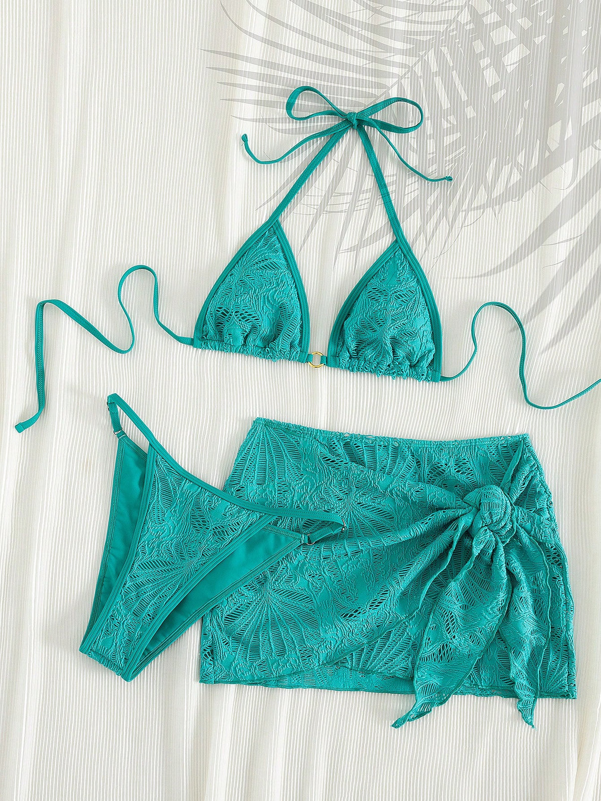 PEPPERMOLLY 2026 SS Women 3-Piece Mesh Bikini Set, Trimmed Top+Low Shorts+Wrap Skirt, Gold Chest Ring, Retro Style, For Beach & Pool. Vacation Summer