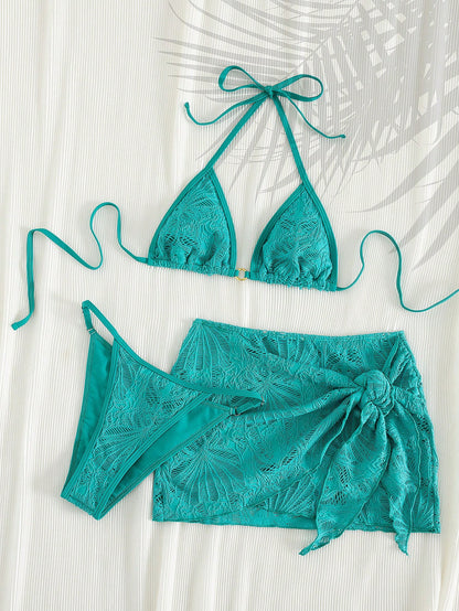 PEPPERMOLLY 2026 SS Women 3-Piece Mesh Bikini Set, Trimmed Top+Low Shorts+Wrap Skirt, Gold Chest Ring, Retro Style, For Beach & Pool. Vacation Summer