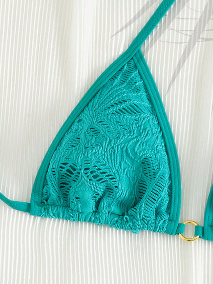 PEPPERMOLLY 2026 SS Women 3-Piece Mesh Bikini Set, Trimmed Top+Low Shorts+Wrap Skirt, Gold Chest Ring, Retro Style, For Beach & Pool. Vacation Summer