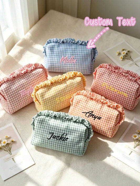Personalized Embroidered Plaid Makeup Bag, Customized Name Ruffle Edge Cosmetic Bag, Bridesmaid Gift, Travel Organizer Bag