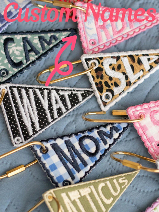 Personalized Triangle Flag Embroidered Bag Charm| Customized Initial Keychain| Gold Carabiner| Heirloom Style Gift| Luggage Tag| Key Ring, Bag Pendant