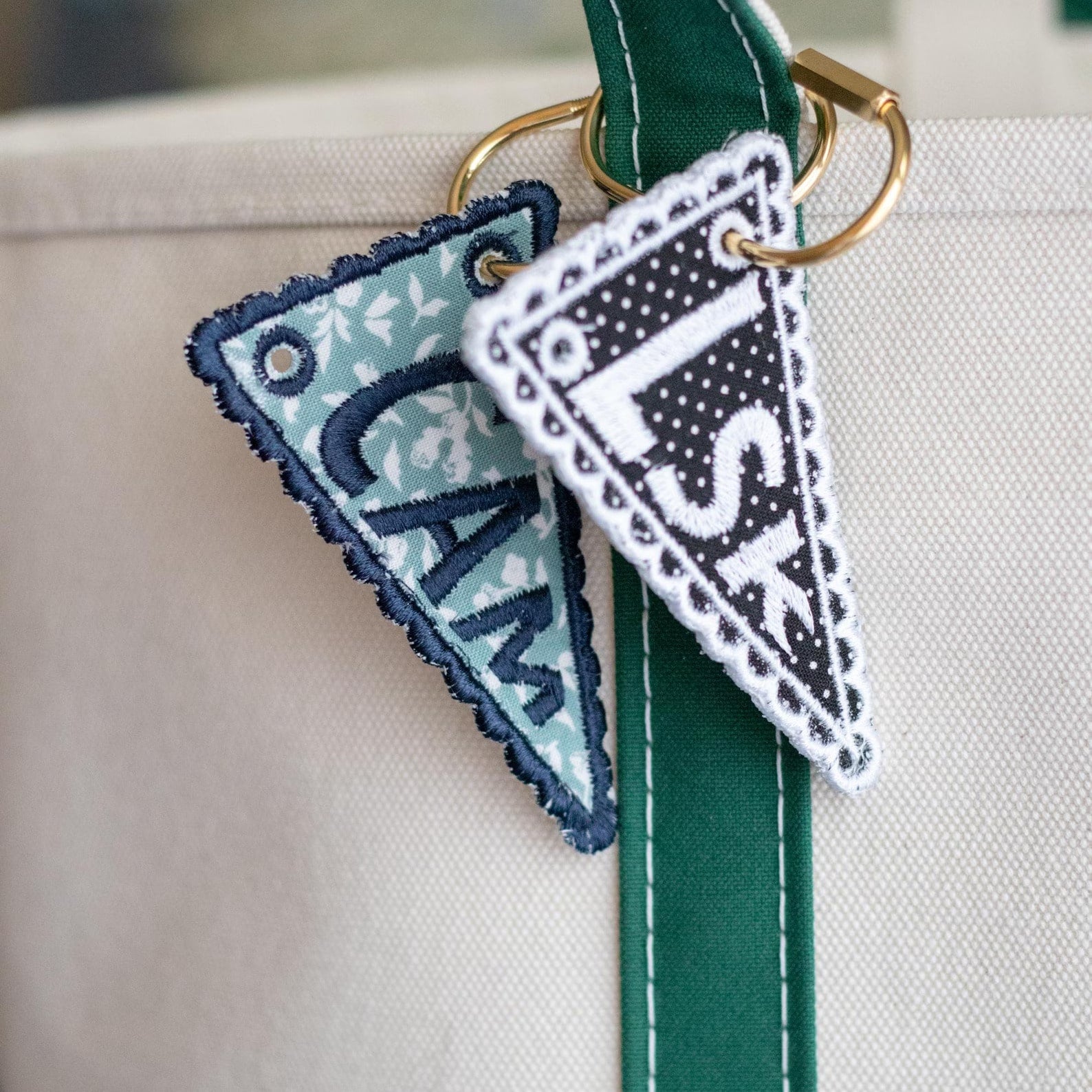 Personalized Triangle Flag Embroidered Bag Charm| Customized Initial Keychain| Gold Carabiner| Heirloom Style Gift| Luggage Tag| Key Ring, Bag Pendant