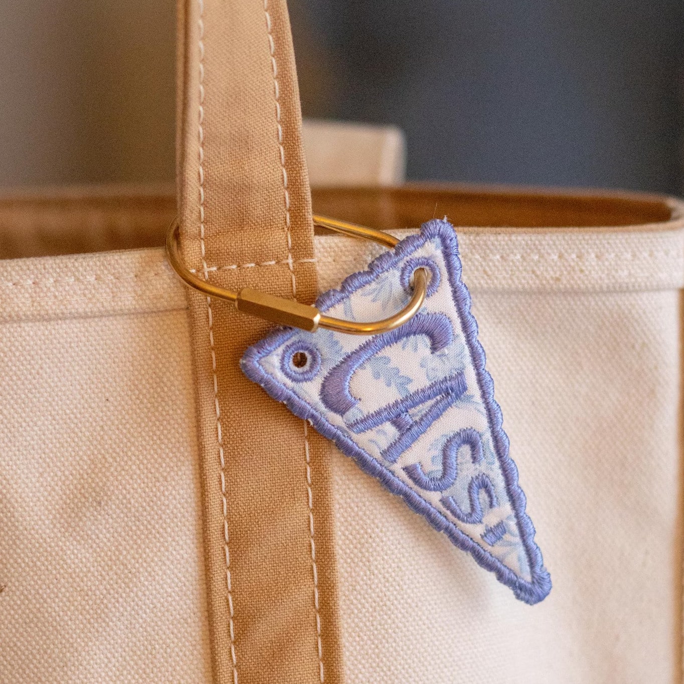 Personalized Triangle Flag Embroidered Bag Charm| Customized Initial Keychain| Gold Carabiner| Heirloom Style Gift| Luggage Tag| Key Ring, Bag Pendant