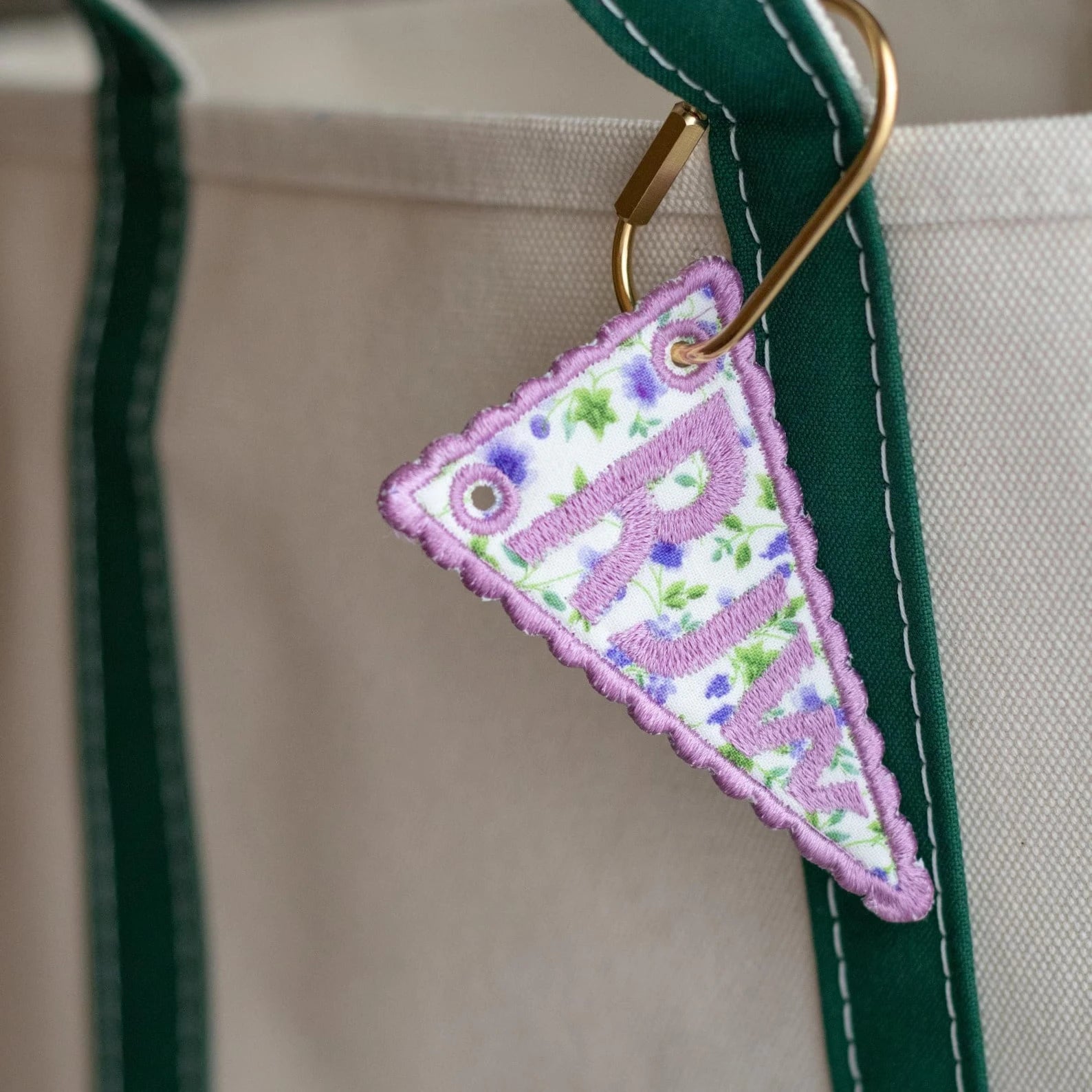 Personalized Triangle Flag Embroidered Bag Charm| Customized Initial Keychain| Gold Carabiner| Heirloom Style Gift| Luggage Tag| Key Ring, Bag Pendant