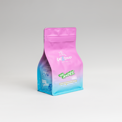 Peru The Andes Washed coffee bag in pink against a light gray gradient background.