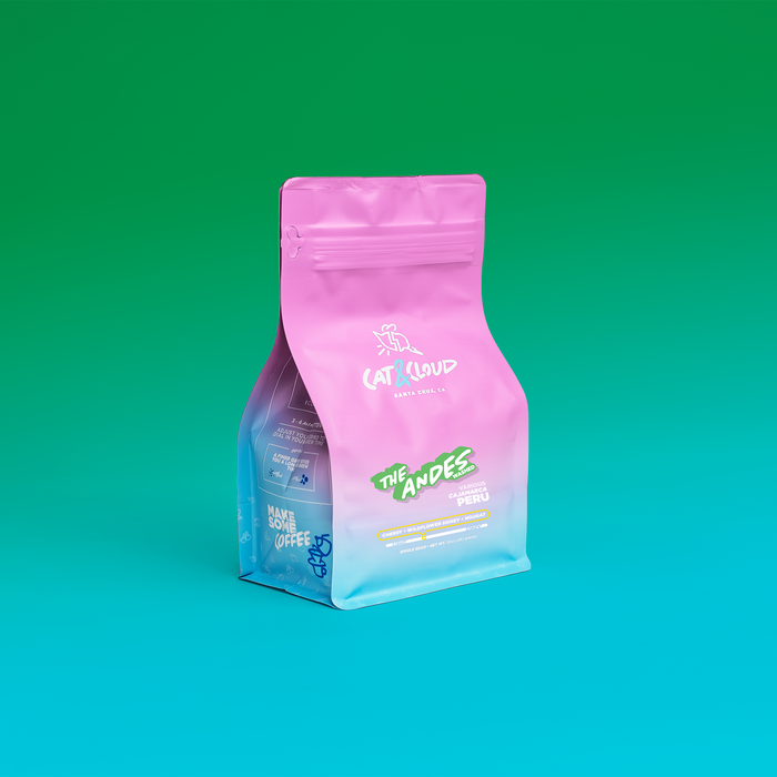 Peru The Andes Washed coffee bag in pink against a green to blue gradient background.