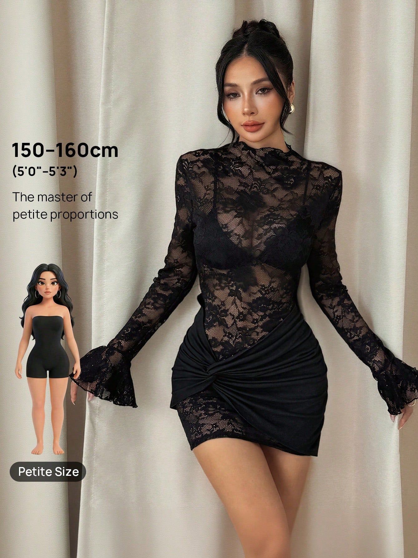 PETITE Black Floral See-Through Lace Mini Dress,Elegant Sexy Party Night Out Club For Women,Autumn Long Sleeve Slay Diva New Year Outfit,Petite