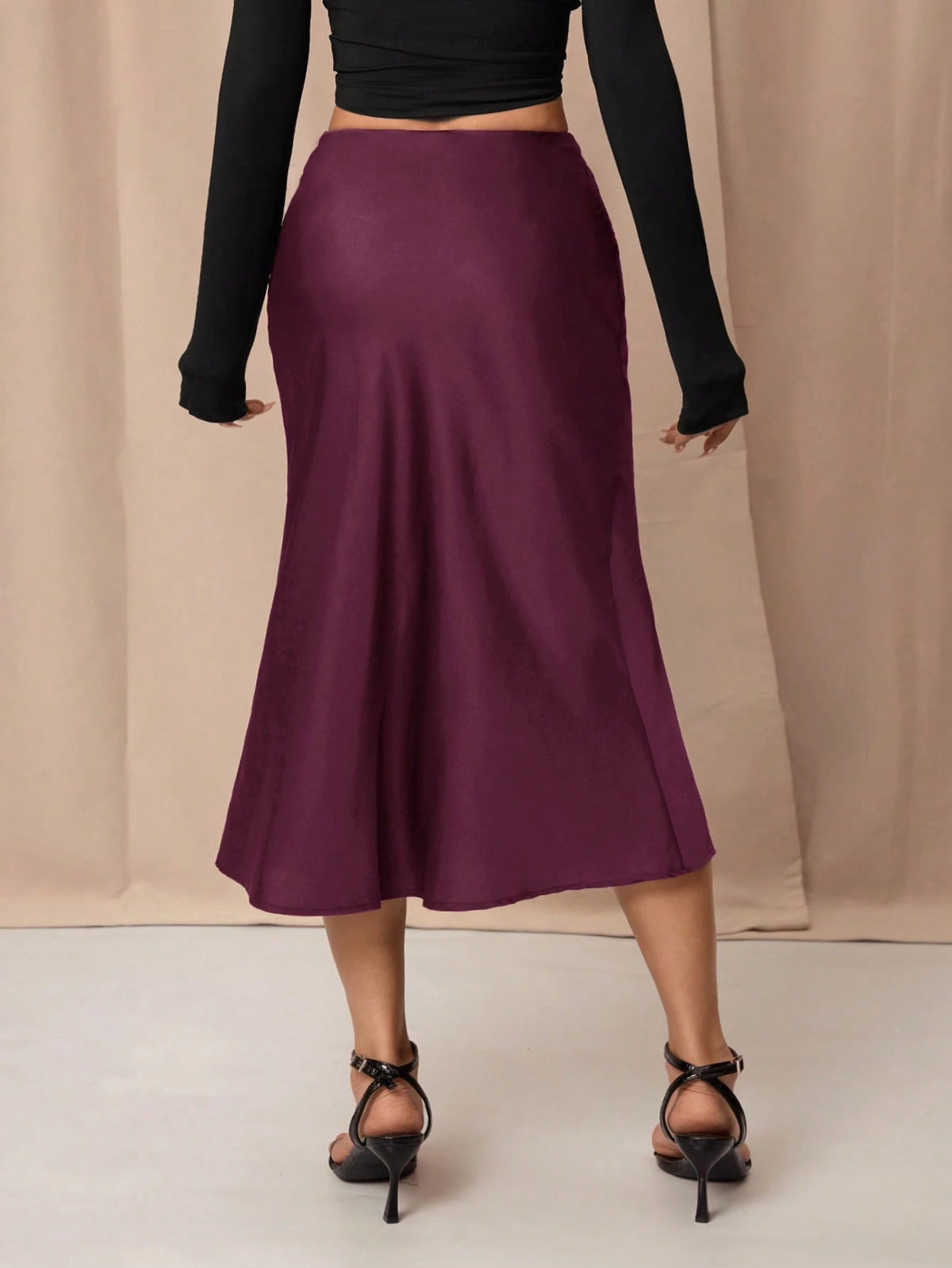 PETITE Black High Waist Solid Color Skirt With Satin Texture Suitable For Dance And Daily Wear,Petite Women