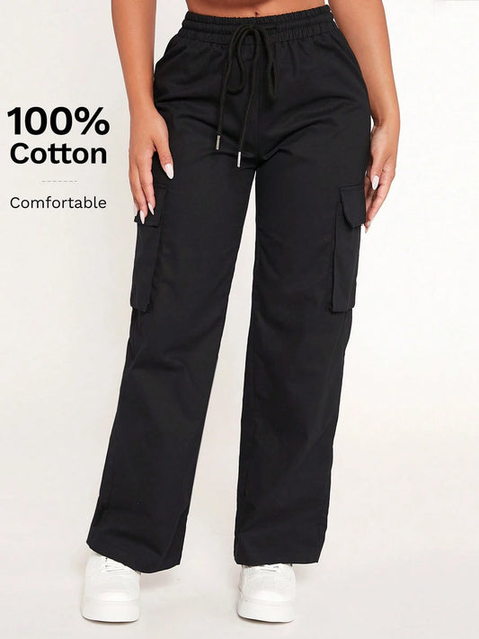 PETITE Drawstring Waist Flap Pocket Cargo Black Pants,Petite Women