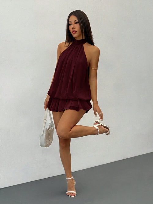 PETITE Elegant Sleeveless Tie-Neck Mini Dress In Pale Yellow, Suitable For Party, Date, Autumn/Winter And Spring/Summer,Summer Dresses For Women,Petite Women