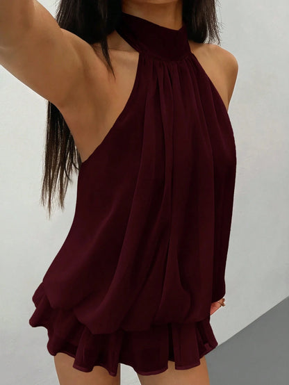 PETITE Elegant Sleeveless Tie-Neck Mini Dress In Pale Yellow, Suitable For Party, Date, Autumn/Winter And Spring/Summer,Summer Dresses For Women,Petite Women