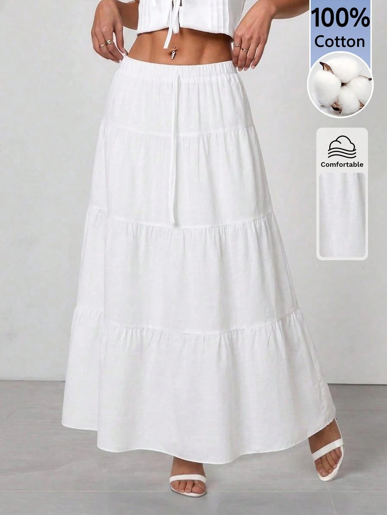 PETITE Plain Color Casual Boho Long Skirt White,Petite Women Beach Autumn