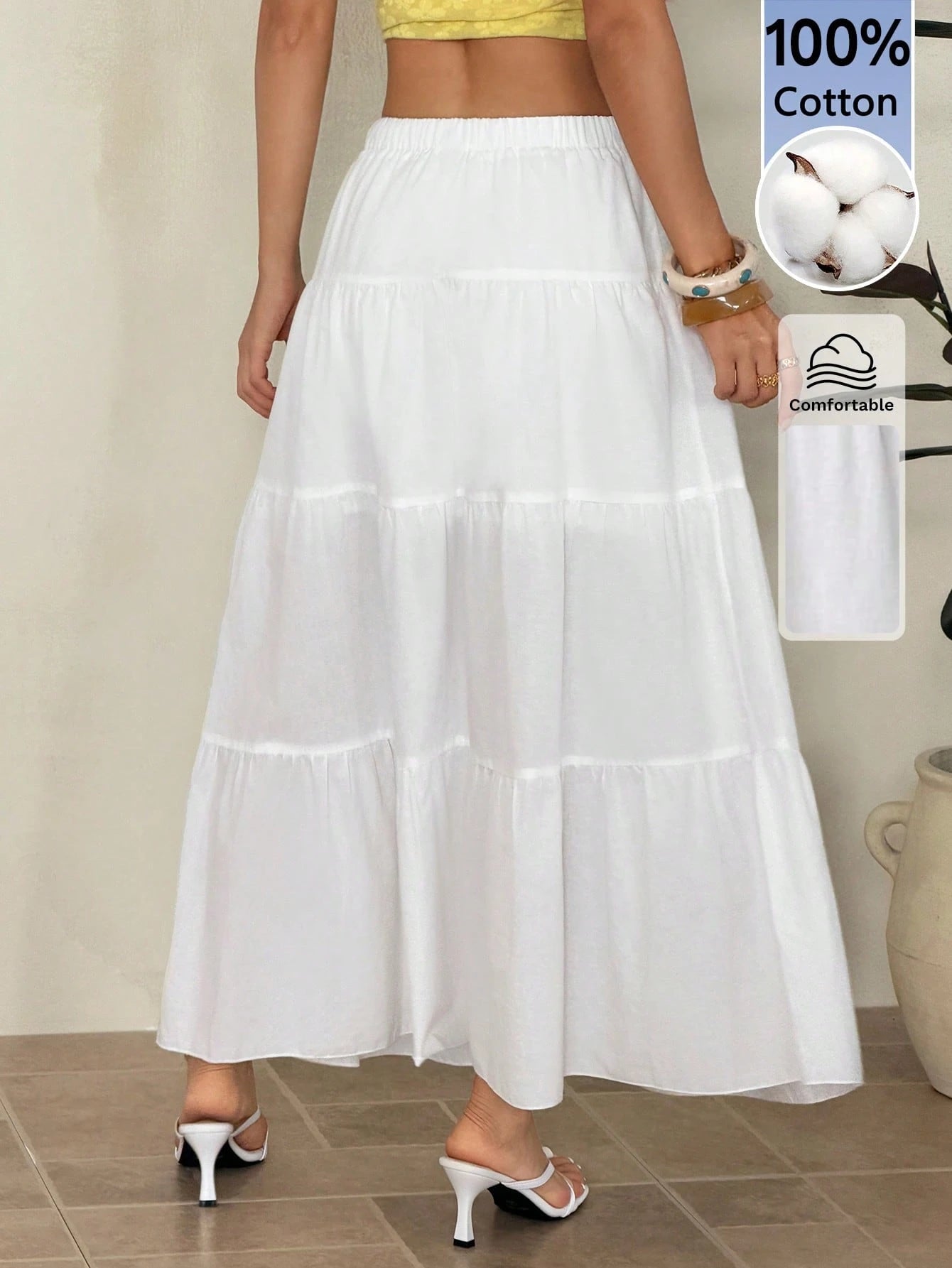 PETITE Plain Color Casual Boho Long Skirt White,Petite Women Beach Autumn