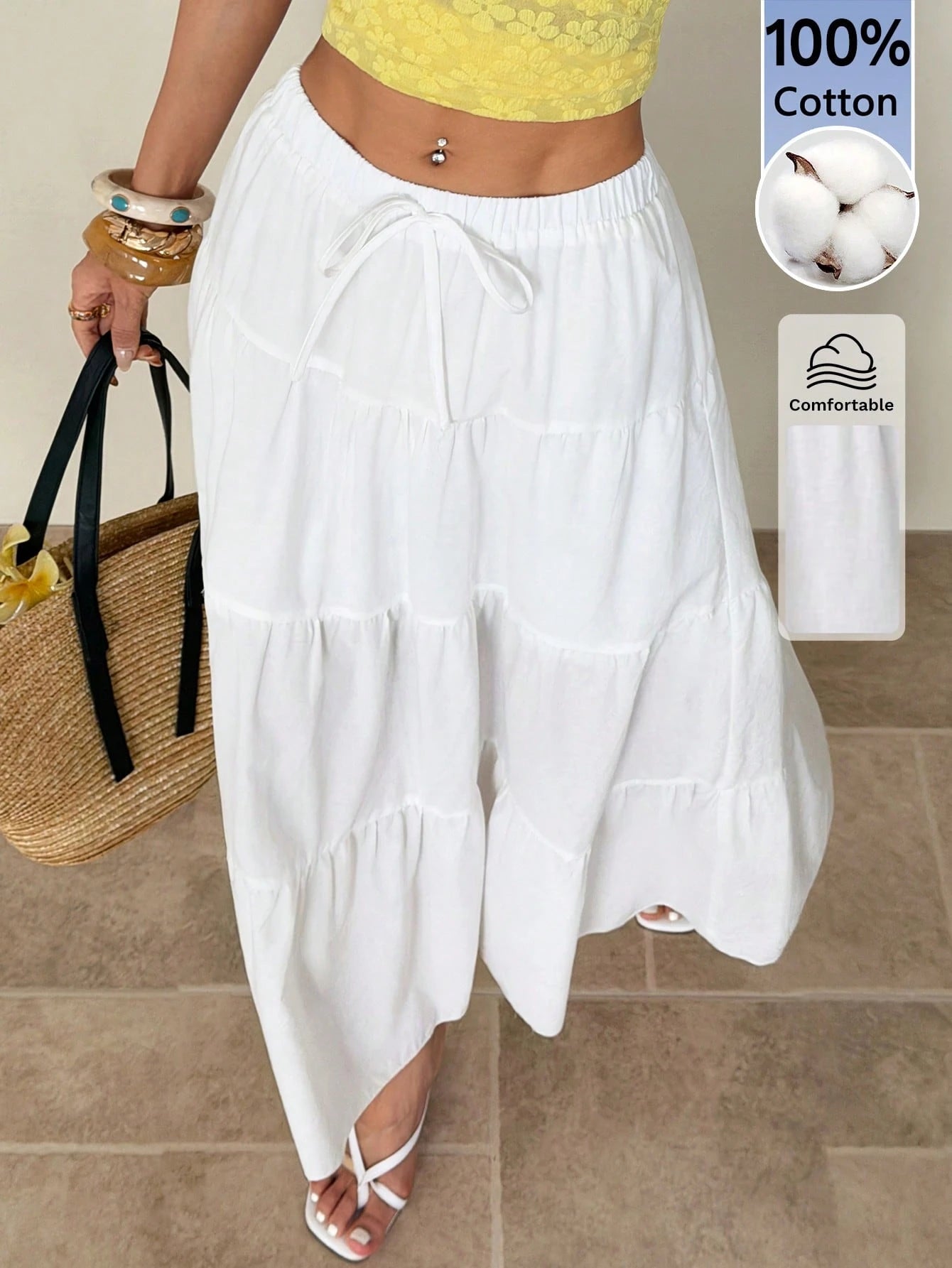 PETITE Plain Color Casual Boho Long Skirt White,Petite Women Beach Autumn