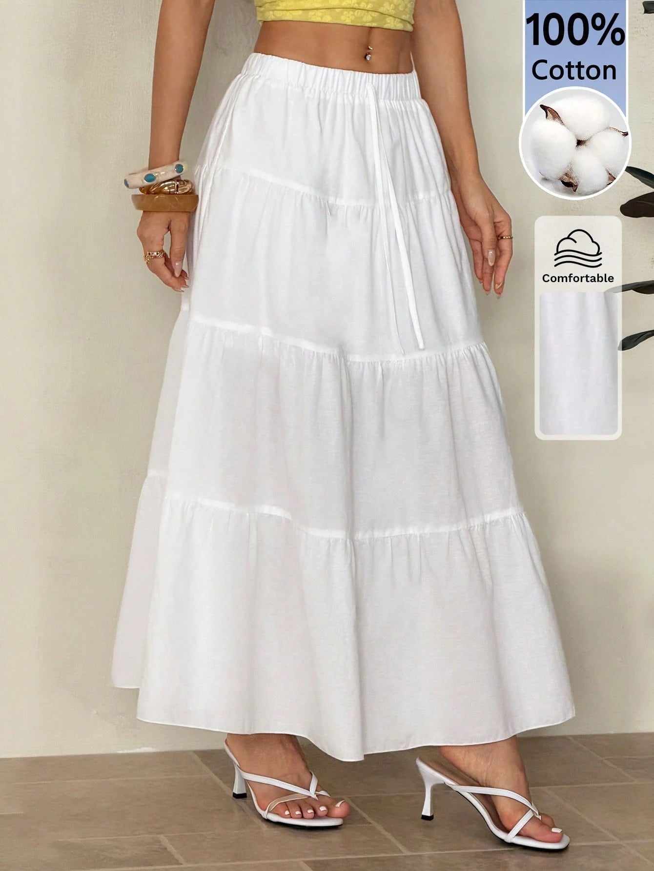 PETITE Plain Color Casual Boho Long Skirt White,Petite Women Beach Autumn