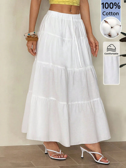 PETITE Plain Color Casual Boho Long Skirt White,Petite Women Beach Autumn