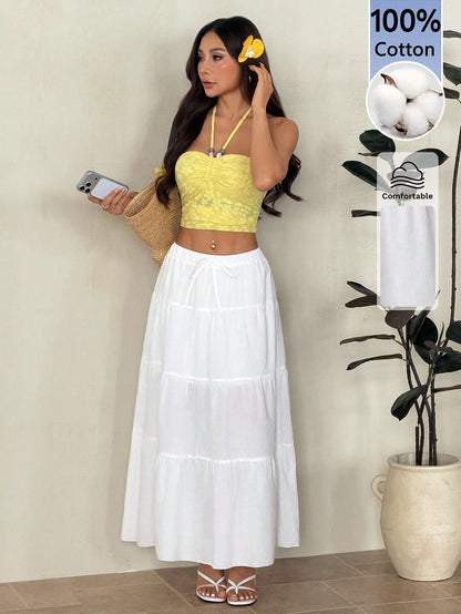 PETITE Plain Color Casual Boho Long Skirt White,Petite Women Beach Autumn
