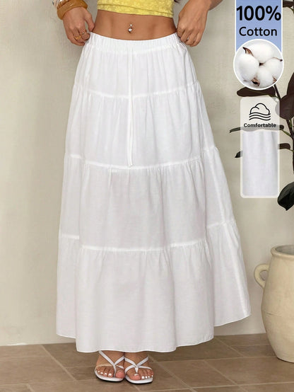 PETITE Plain Color Casual Boho Long Skirt White,Petite Women Beach Autumn