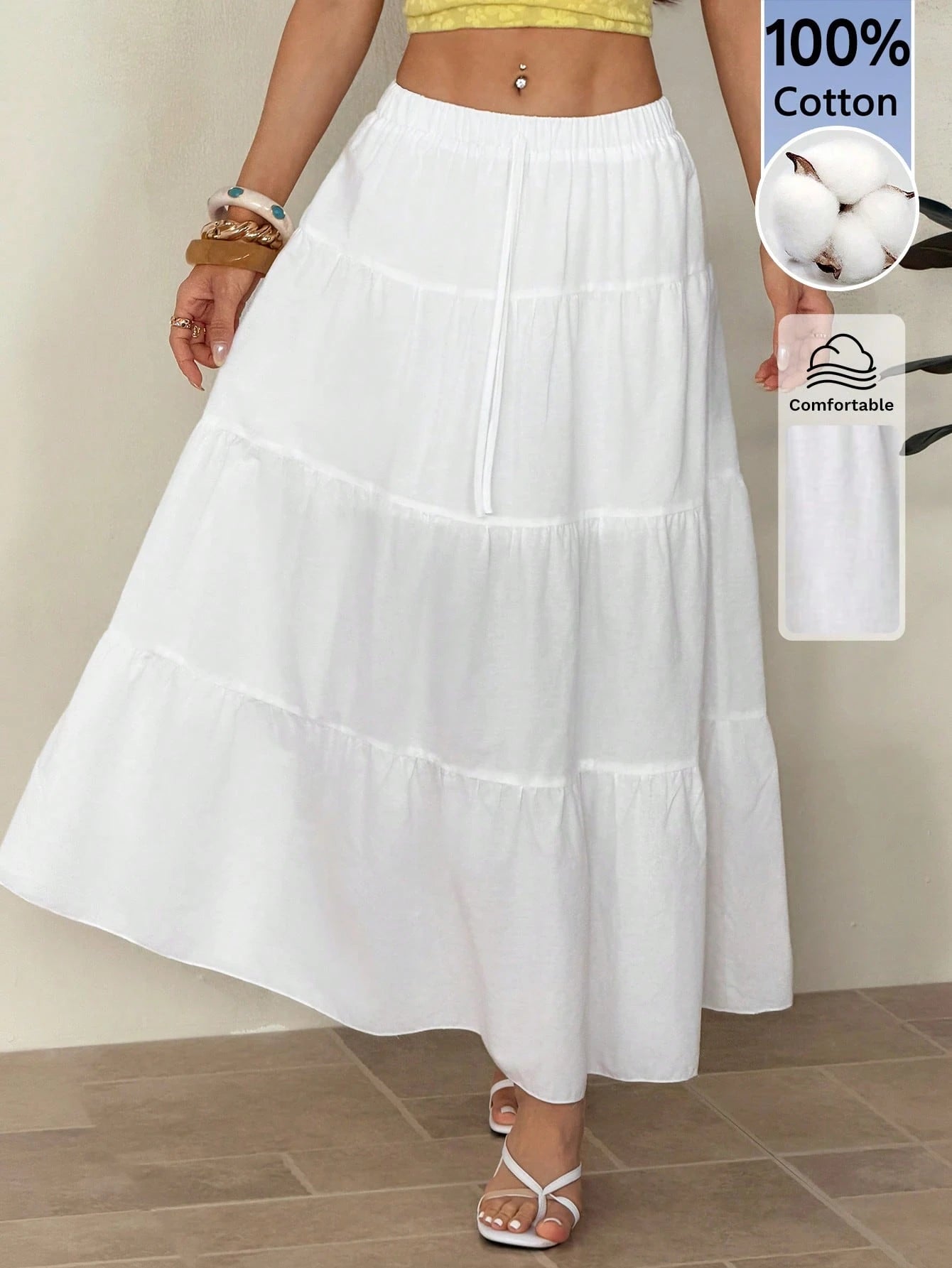 PETITE Plain Color Casual Boho Long Skirt White,Petite Women Beach Autumn