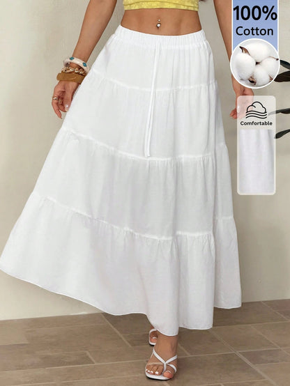 PETITE Plain Color Casual Boho Long Skirt White,Petite Women Beach Autumn