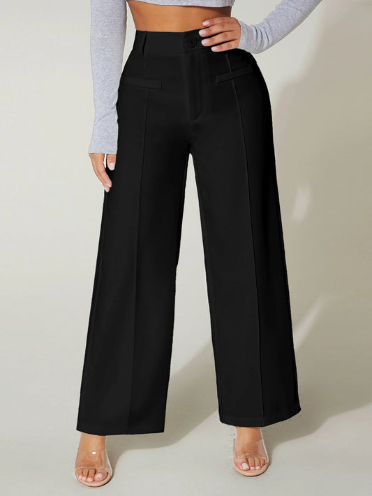 PETITE Seam Front Wide Leg Black Dress Pants,Petite Women