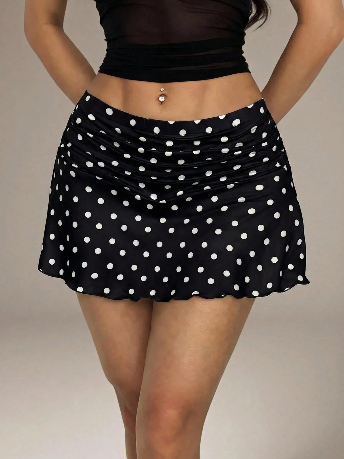 PETITE Summer Polka Dot Ruched A-Line Mini Skirt,Petite Women
