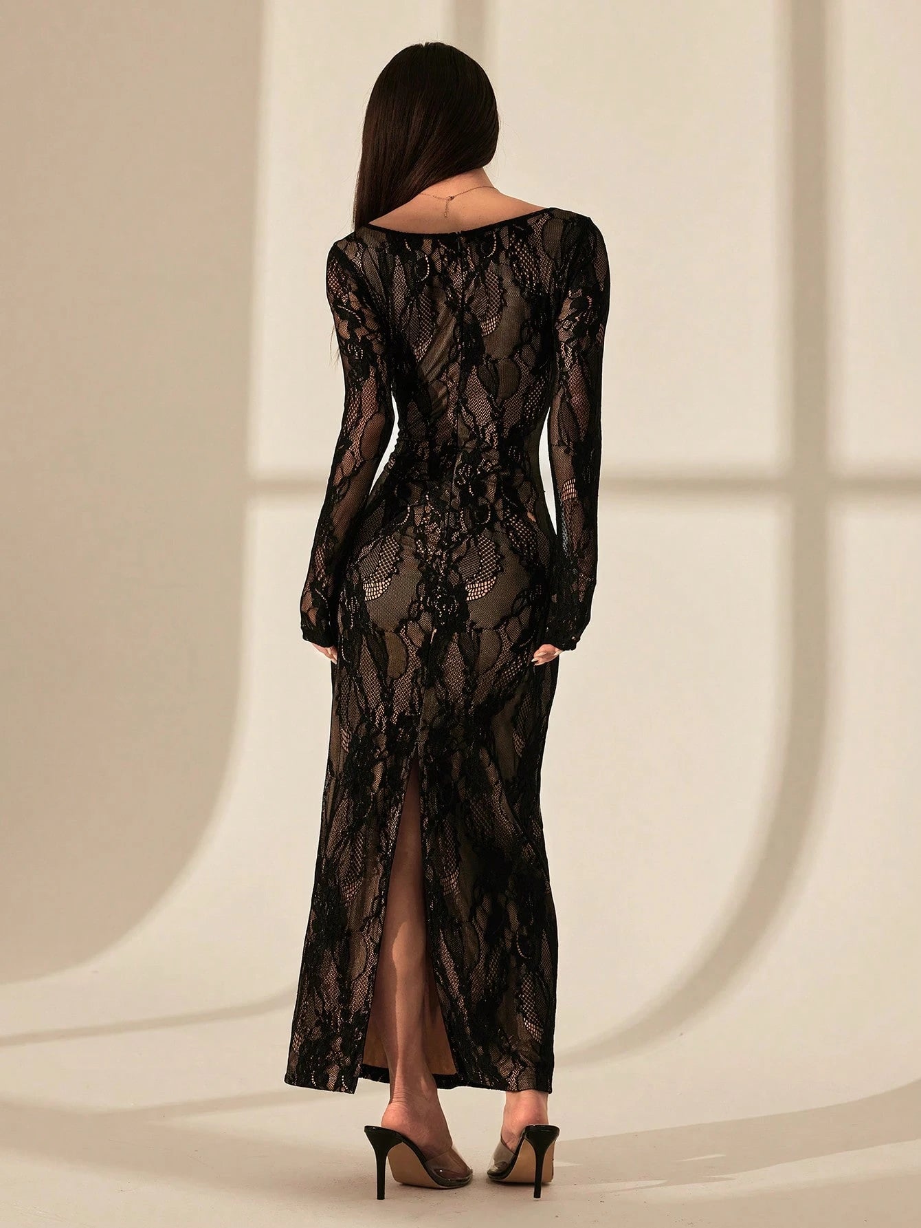 PETITE Women's Autumn Party Night Dinner Date Evening Sexy S-Shaped Lace Long-Sleeved Breast Cup Fishbone Square Neck Bodycon Black Floral Maxi Dress